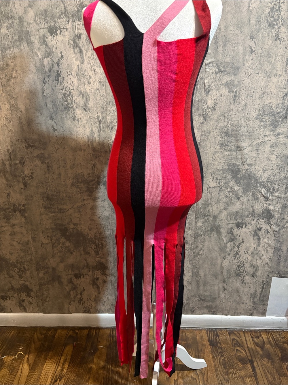 Sleeveless Vertical Stripe Maxi Dress with Fringe in Red, Pink & Black